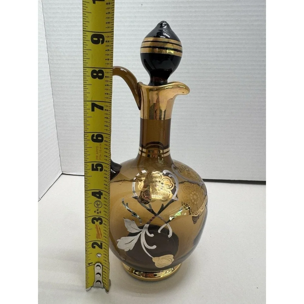 VTG Bohemian Amber Glass Decanter Set Gold Gilt Enamel Flowers 4 Pc Czech NICE